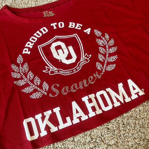 New Proud To Be A Oklahoma Sooner Crop Top T-Shirt College Sports Fan Tee Bling - Picture 2 of 7